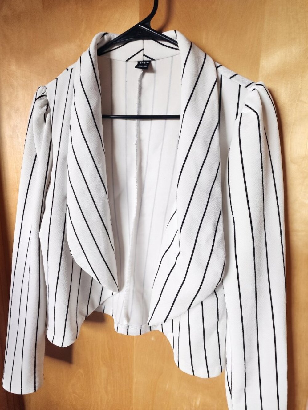 SHEIN White & Black Pinstripe Drape-Front Cropped Blazer Size M